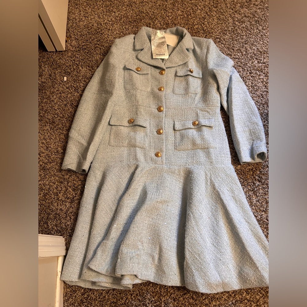 Fehaute Elegant Light Blue Tweed Coat Dress